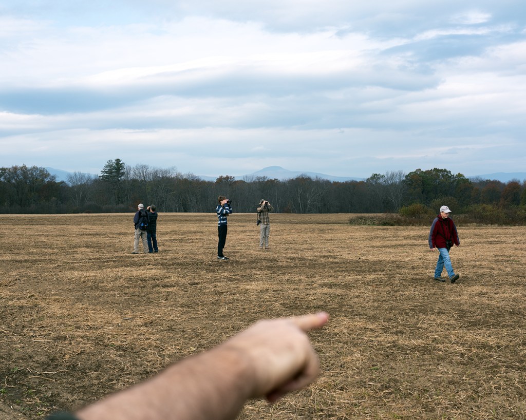 Natural Causes photograph of birders spread across an open field as an outstretched arm points toward them in the foreground.