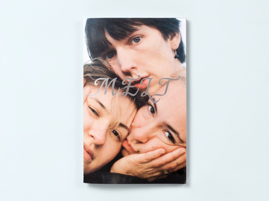 Front cover of GUTMAG × Melt: Snow Day, a limited-edition fan zine with collaged portraits of the three band members and a foil-stamped title.