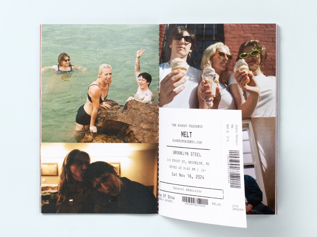 Interior photo collage in the GUTMAG × Melt Snow Day zine with a Brooklyn Steel concert-ticket insert.