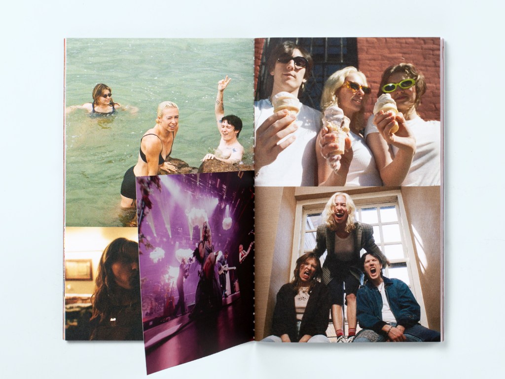 Interior photo collage in the GUTMAG × Melt Snow Day zine showing the band swimming, eating ice cream, performing, and posing together.
