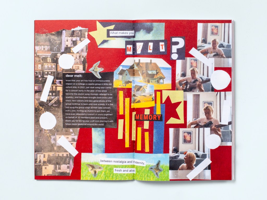 Red collage spread from the GUTMAG × Melt Snow Day zine combining fan letters, family photographs, and drawings.