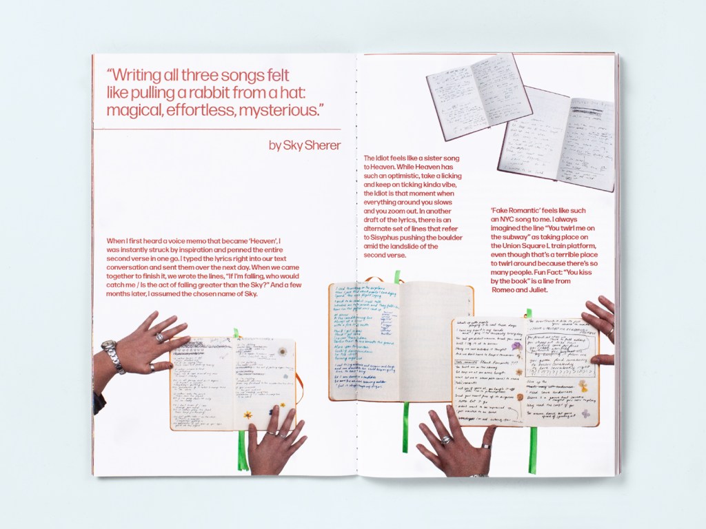 Text and notebook spread from the GUTMAG × Melt Snow Day zine about songwriting, with photographs of handwritten lyrics and hands.