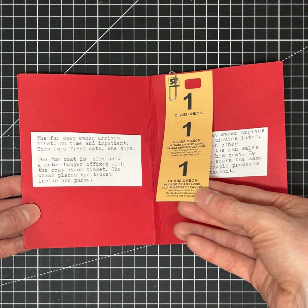 Interior spread of Is This Your Coat? with a paper-clipped yellow claim check and a typewritten account of two coat owners.