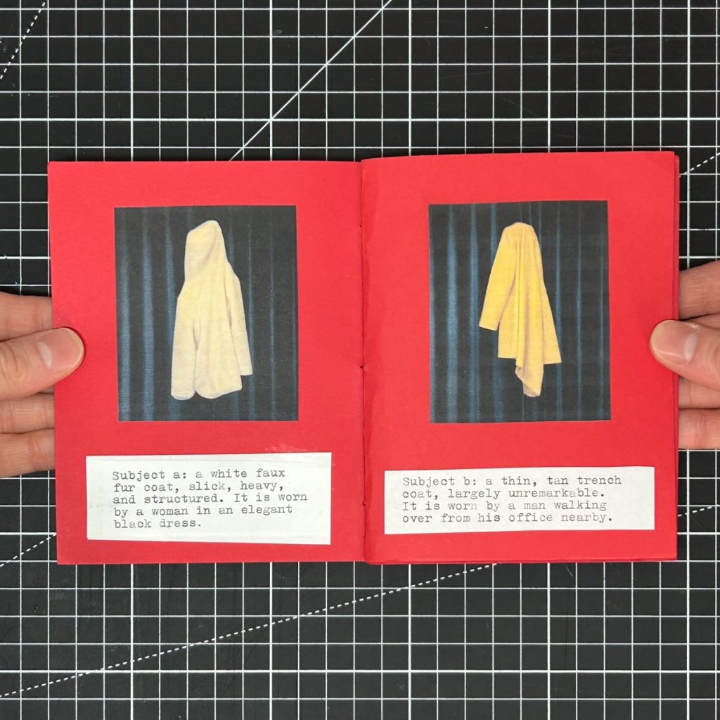 Interior spread of Is This Your Coat? pairing photographs of a white faux-fur coat and tan trench coat with typewritten descriptions.