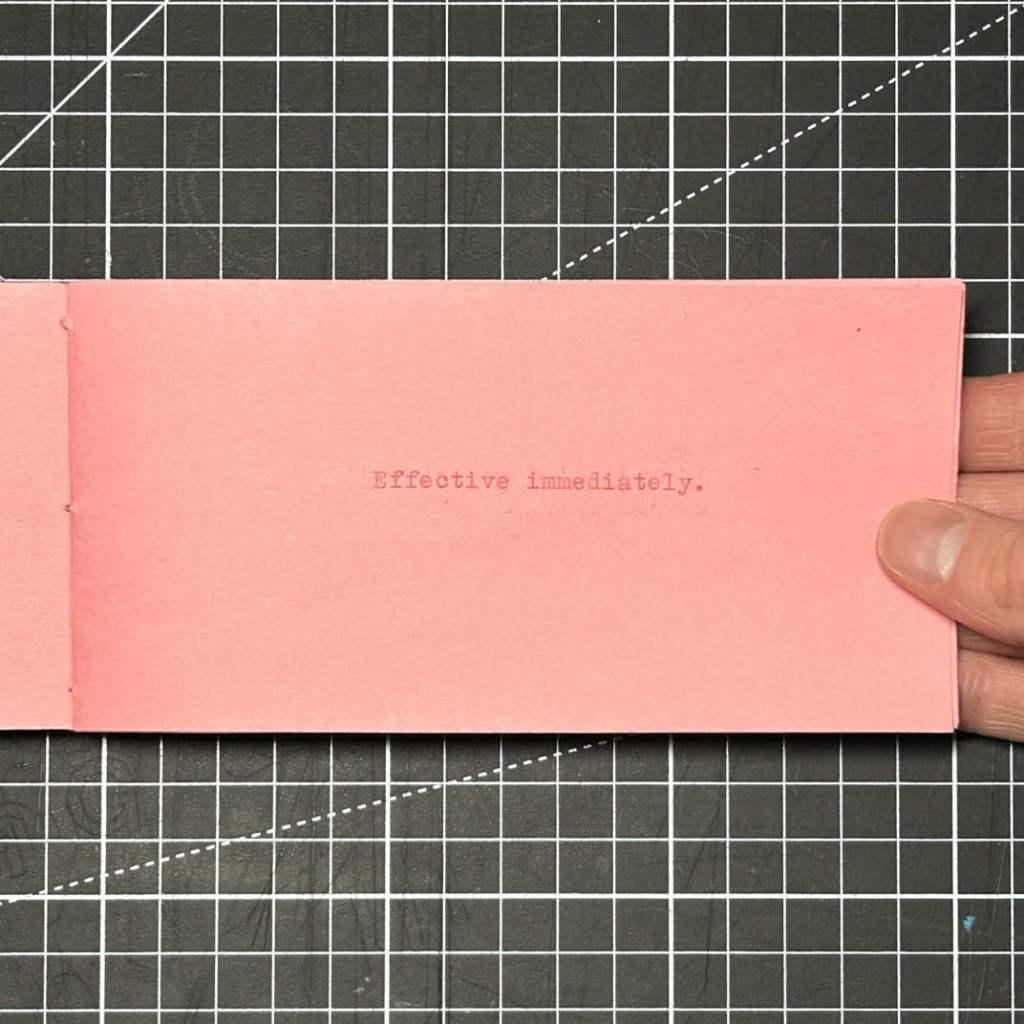 Interior spread of The Beginning of the Rest of Your Life with the typewritten sentence ‘Effective immediately.’