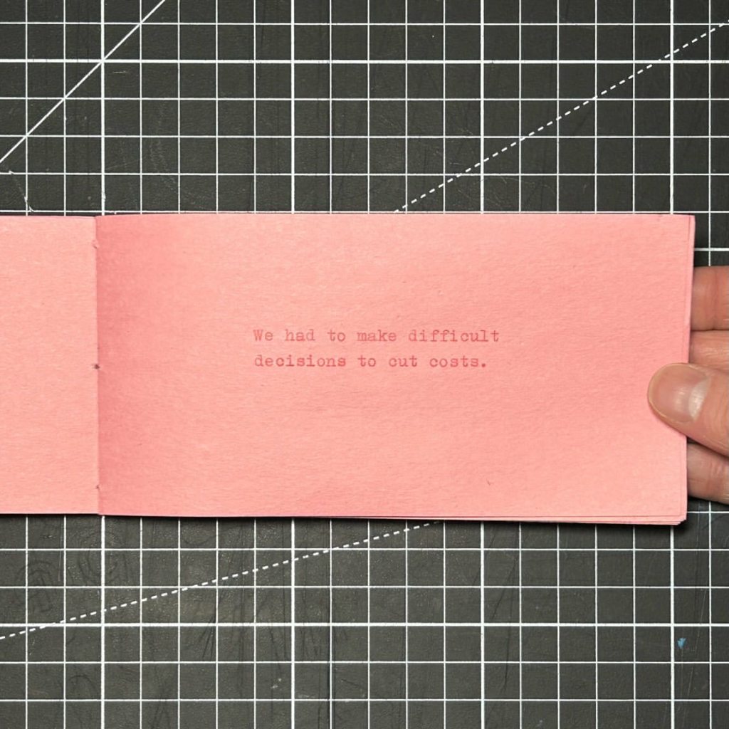 Interior spread of The Beginning of the Rest of Your Life reading ‘We had to make difficult decisions to cut costs.’