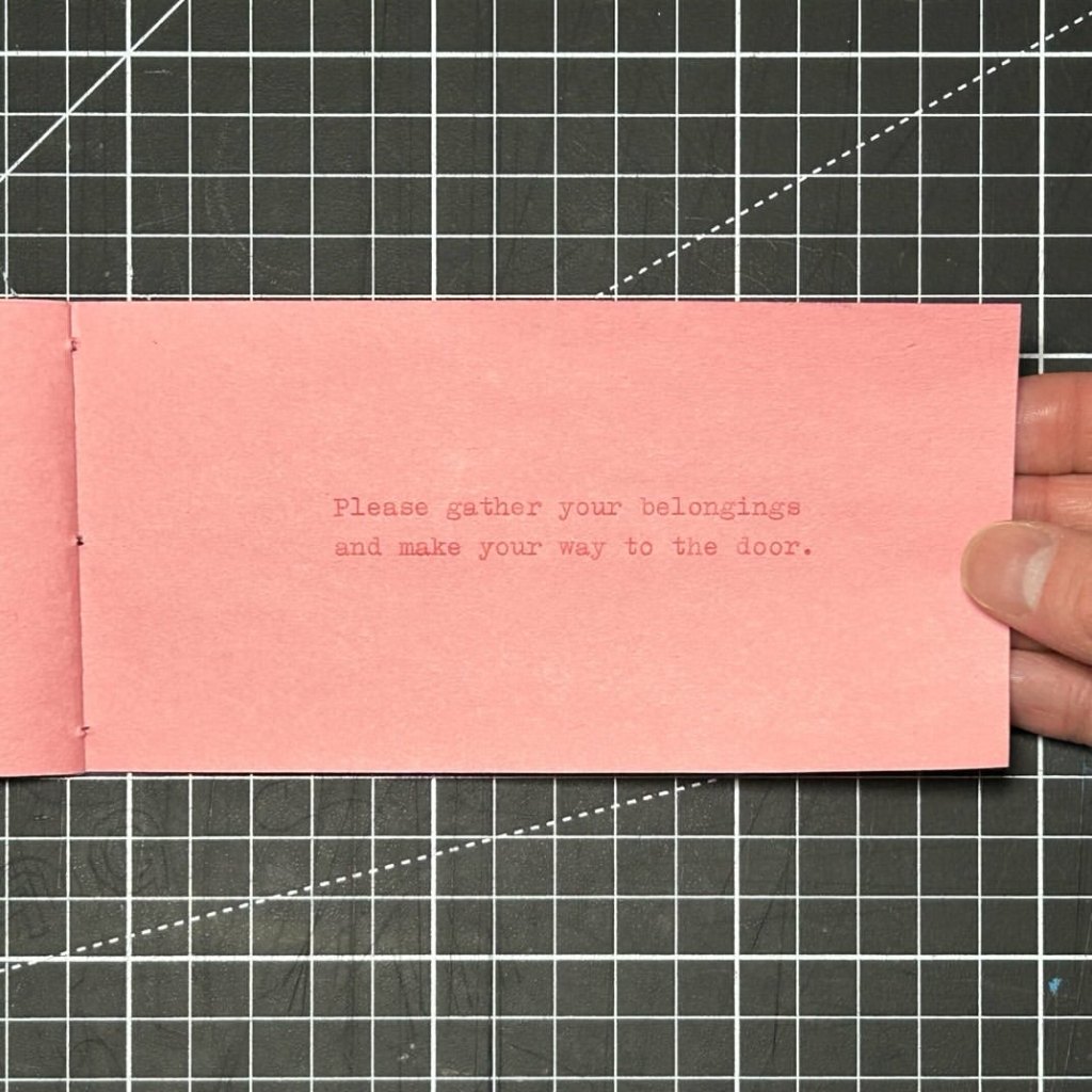 Interior spread of The Beginning of the Rest of Your Life reading ‘Please gather your belongings and make your way to the door.’