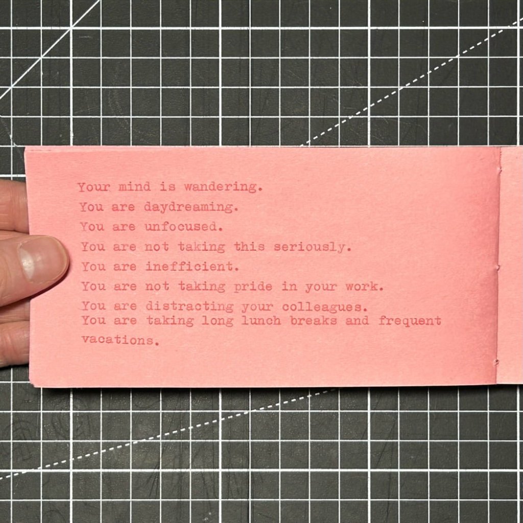 Interior spread of The Beginning of the Rest of Your Life with a typewritten list of workplace criticisms.
