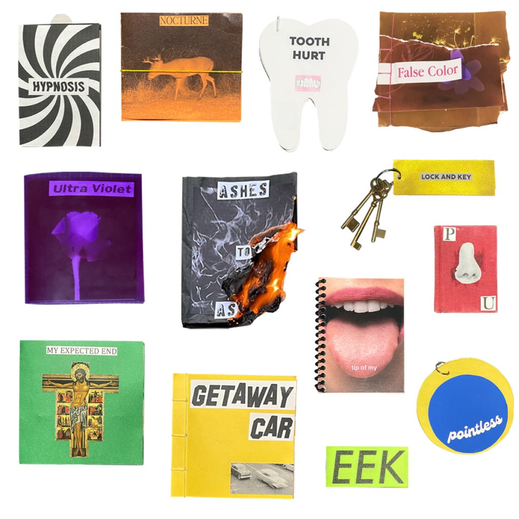 Selection of thirteen handmade artist books from Sullivan Sweet’s 100 Zine Project, including tooth-shaped, burned, circular, and key-ring zines.