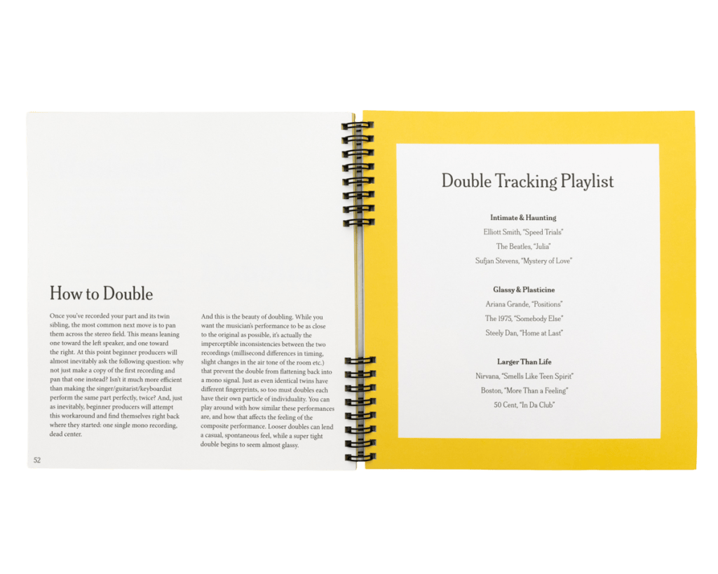 Interior spread of GUTMAG Issue 2: DOUBLES with the essay ‘How to Double’ and a double-tracking playlist on yellow paper.