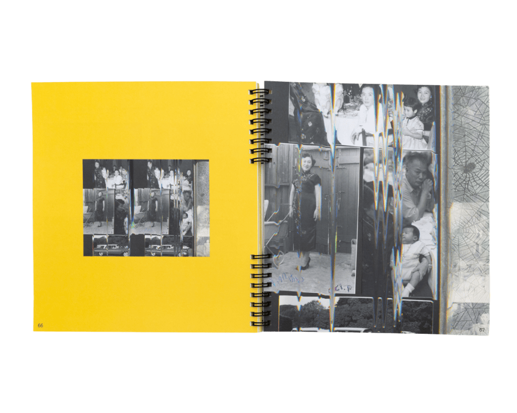 Interior spread of GUTMAG Issue 2: DOUBLES pairing a small photo grid with a fractured collage of black-and-white family photographs.