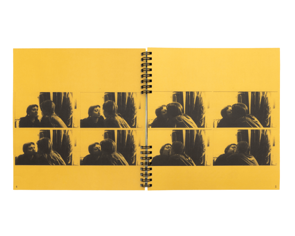 Yellow interior spread of GUTMAG Issue 2: DOUBLES with repeated black-and-white frames of two people kissing.