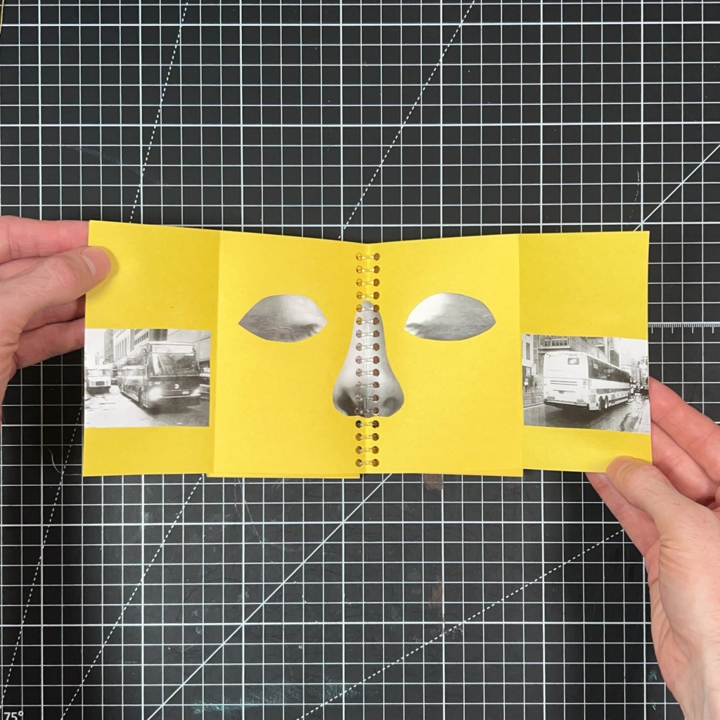 Fold-out spread from Blink and You’ll Miss It with closed eyes and black-and-white photographs of a city bus passing.